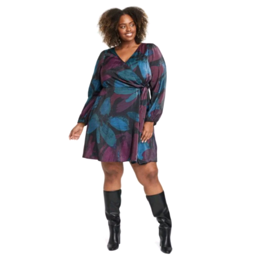 Women's Balloon Long Sleeve Midi Wrap Dress Black Floral 1X